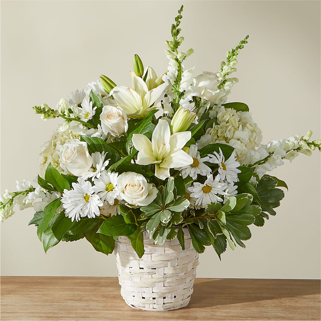 Ivory Elegance Floral Basket – Petals And Blooms Flowers, Fort Leonard Wood MO