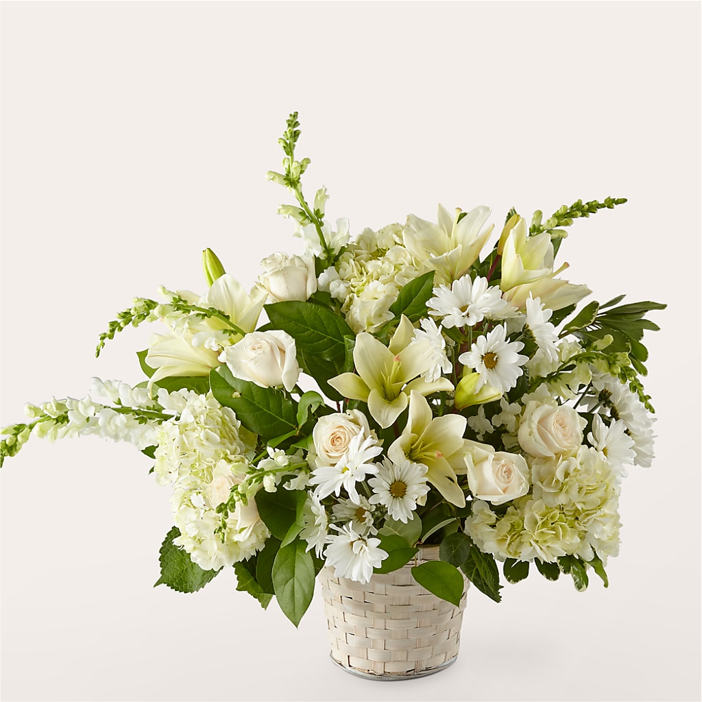 Ivory Elegance Floral Basket – Petals And Blooms Flowers, Fort Leonard Wood MO