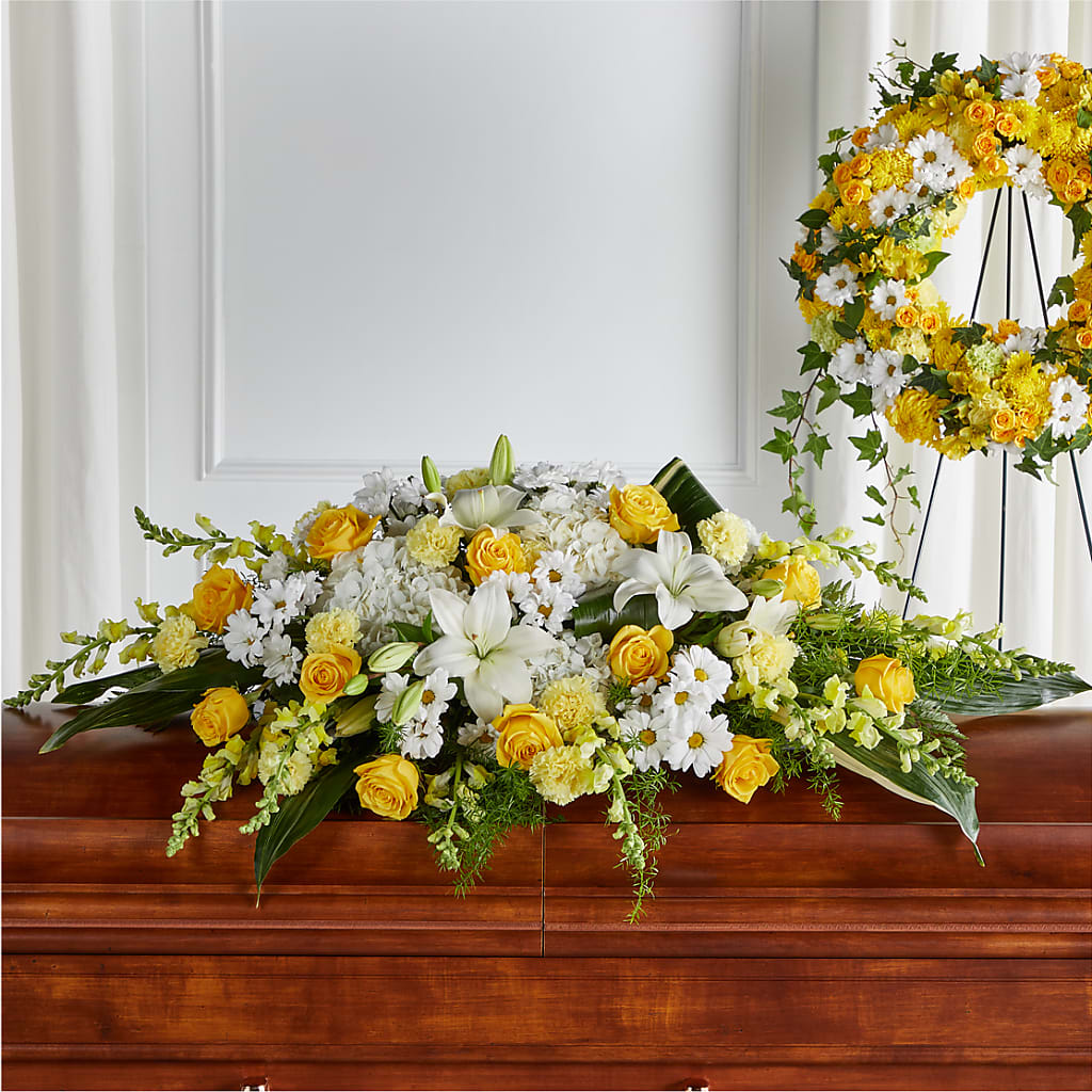 Golden Harmony Casket Spray – Petals And Blooms Flowers, Fort Leonard Wood MO