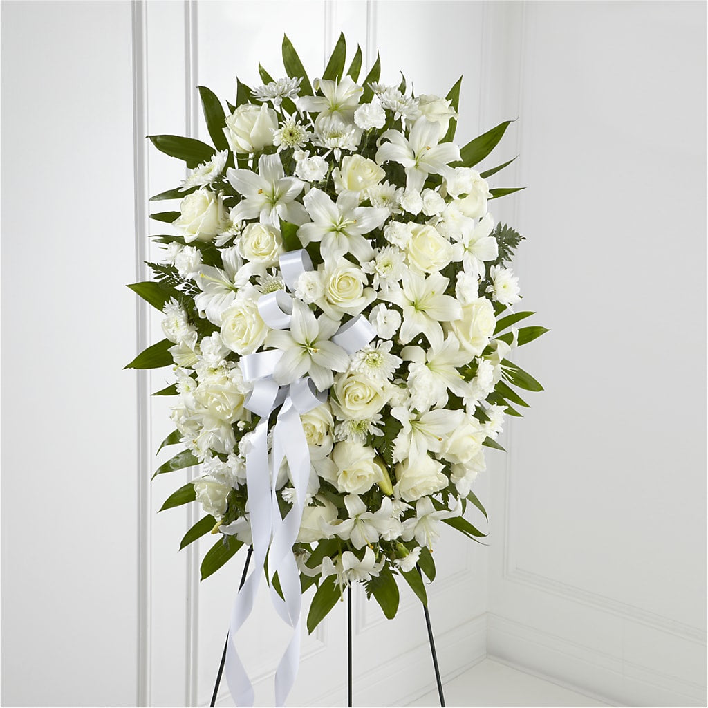 Exquisite Tribute Standing Spray-White Ribbon – Petals And Blooms Flowers, Fort Leonard Wood MO