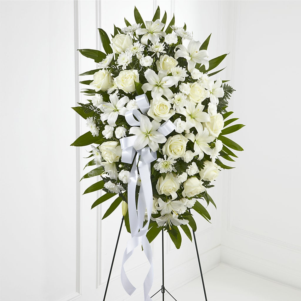 Exquisite Tribute Standing Spray-White Ribbon – Petals And Blooms Flowers, Fort Leonard Wood MO