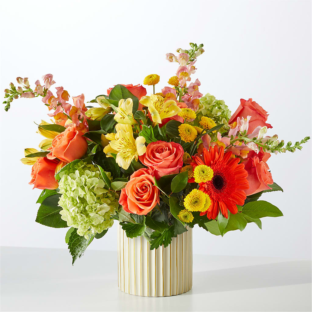 Autumn Sunshine Bouquet with Ivory Vase – Petals And Blooms Flowers, Fort Leonard Wood MO